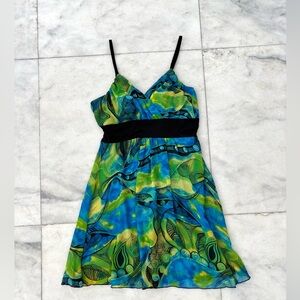 90s Dress Mini Blue Green Psychedelic Trippy Women M Fairycore Prom Party Indie